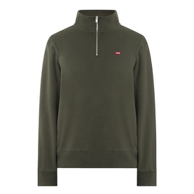 Levis Original Housemark Logo Half-Zip Sweater in dark green with raised collar, silver zip, and small red logo chest embroidery