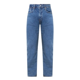 Levi's stonewash stretch tapered jeans in mid-blue denim, five-pocket styling with zip fly, relaxed through thigh with tapered leg