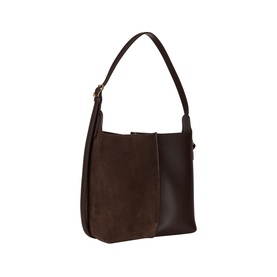 Loewe dark chestnut bucket bag in suede and calfskin with gold-tone hardware and single shoulder strap, angled view