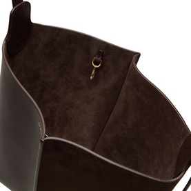 Loewe Bucket Bag in Dark Chestnut, interior view showing suede lining and gold-tone key clasp on inner pocket
