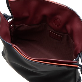 Loewe Multicolour Deep Navy calfskin clutch, interior view showing burgundy suede lining with orange contrast trim detail