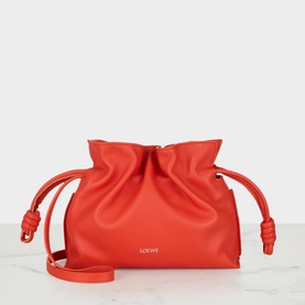 Loewe Flamenco Clutch in Sunrise Orange smooth calfskin with knotted drawstring ties and detachable crossbody strap, gold-tone logo