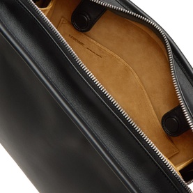 Loewe Amazona 180 Medium Top Handle Bag in black smooth calfskin, open showing suede lining, silver-tone zip hardware and embossed logo detail.