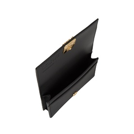 Loewe small wallet in black calfskin, open flat view showing gold-tone clasp closure and interior compartments