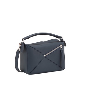 Loewe Puzzle Edge Small Crossbody Bag in Deep Navy leather with silver-tone hardware, top handle, diagonal zip detail and adjustable crossbody strap