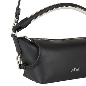 Loewe Cala Top Handle Pouch Bag in black lambskin, soft white handwoven top handle, zip fastening, silver-tone hardware and foil logo lettering