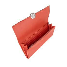 Loewe Sunrise Orange calfskin wallet open, showing multiple card slots and silver round clasp fastening on flap
