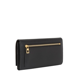 Loewe black nappa calfskin wallet with gold-tone zip exterior pocket, angled view showing structured silhouette