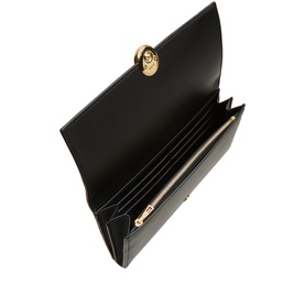 Loewe black nappa calfskin wallet open, showing multiple card slots, zip pocket, and gold-tone turn-lock clasp detail.