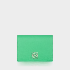 Loewe Wallet in Clover Green smooth calfskin, compact bi-fold style with gold-tone Anagram logo plaque on front