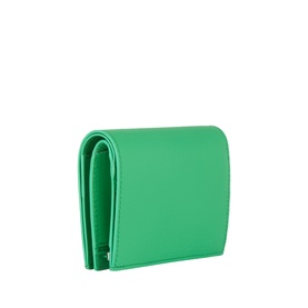 Loewe Clover Green calfskin wallet, compact trifold silhouette with silver-tone clasp and structured edges