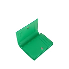 Loewe Clover Green calfskin compact wallet, open showing card slots and snap closure interior lining