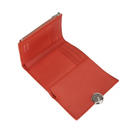 Loewe Pebble Small Vertical Wallet in Sunrise Orange, open view showing six card slots, zipped coin compartment and silver-tone snap button