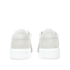 Arne white suede low-top trainers, rear view showing embossed logo heel and thick white sole