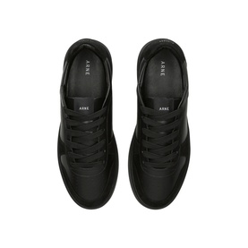 Arne black leather lace-up trainers, overhead flat-lay showing tonal black sole and branded tongue labels