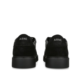 Arne black suede trainers, rear view showing branded heel tab and black sole