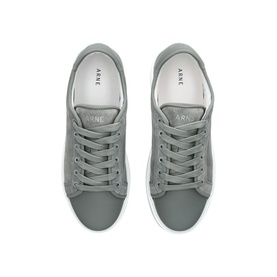 Arne grey leather lace-up trainers, overhead view showing tonal laces and white rubber sole