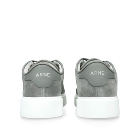 Arne grey suede trainers, rear view showing branded heel tab and chunky white sole
