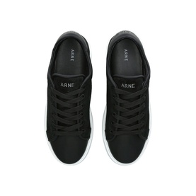 ARNE trainers in black with white flatform sole, black laces, and silver logo detail, overhead flat lay view