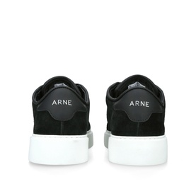 Arne black suede low-top trainers, rear view showing branded heel tab and clean white rubber sole