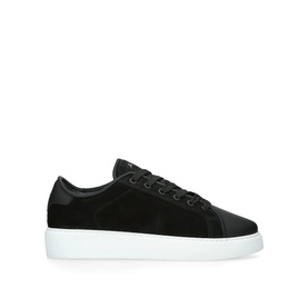 Black suede lace-up low-top sneaker with white flatform sole, side view