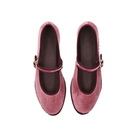Flabelus pink velvet Mary Jane flats with gold buckle strap, dark brown sole, overhead view