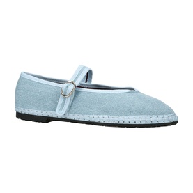 Flabelus blue suede Mary Jane ballet flat with buckle strap and contrast stitch detail, black rubber sole