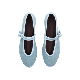 Flabelus blue denim Mary Jane ballet flats with single buckle strap, shown from above on white background