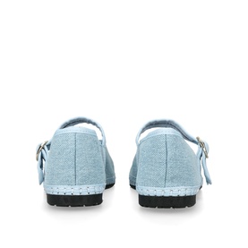 Flabelus blue canvas ballet flats, back view showing ankle strap with buckle detail and black sole.
