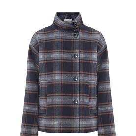 Part Two Dark Navy Check wool-blend coat with funnel neck, button front, and patch pockets