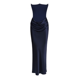 House of CB navy strapless maxi dress with structured bodice and draped satin skirt