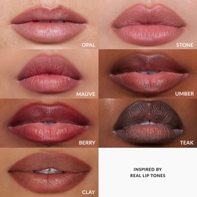 REFY Blur Liner lip swatch grid showing six shades: Opal, Stone, Mauve, Umber, Berry, Teak and Clay on various skin tones