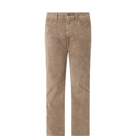 Taupe corduroy trousers with five-pocket styling, straight leg cut, and button fastening, displayed flat
