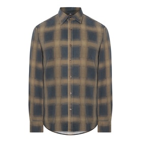 Seven Jeans Reg Shirt in Cottage, blue and tan ombre plaid check, long sleeve, button-front, spread collar, 100% lyocell