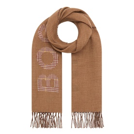 Boggi Milano hazelnut wool scarf with large woven logo lettering and fringe trim