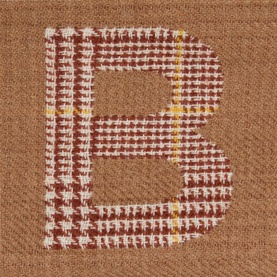 Boggi Milano hazelnut wool accessory featuring woven plaid letter B motif in red, cream and gold tones