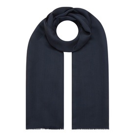 Boggi Milano navy wool-silk blend scarf with frayed edges, shown flat in a looped display