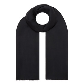 Boggi Milano black wool-silk blend scarf with frayed edges, laid flat showing full length and drape