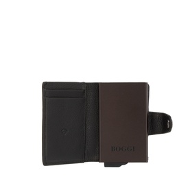 Boggi Milano black leather cardholder open, showing card slots and sliding mechanism with dark brown card tray