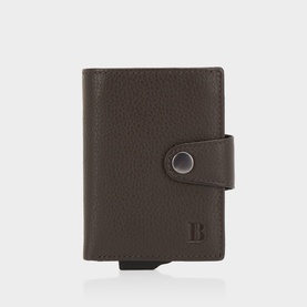 Boggi Milano brown leather cardholder with snap button closure, silver-tone card slot mechanism and embossed logo detail