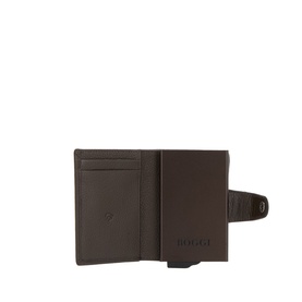 Boggi Milano brown leather cardholder open, showing card slots and metal sliding mechanism with embossed logo detail.