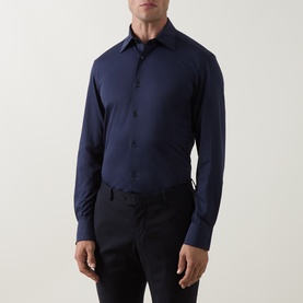 Model wearing Boggi Milano Japanese Twill Shirt in navy blue with New York collar, long sleeves, and front button placket, styled with dark trousers.