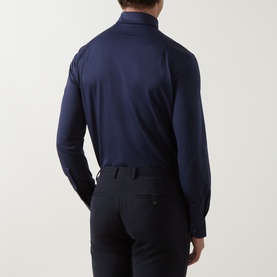 Model wearing Boggi Milano Japanese Twill Shirt in navy blue, back view, paired with black trousers. Long sleeves, curved hem, tonal stitching