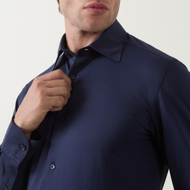 Model wearing Boggi Milano Japanese Twill Shirt in navy blue, close-up showing New York collar and front button placket detail.
