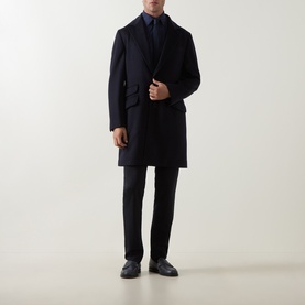 Model wearing Boggi Milano Japanese Twill Shirt in navy blue, styled with dark overcoat, tailored trousers, and black leather shoes.