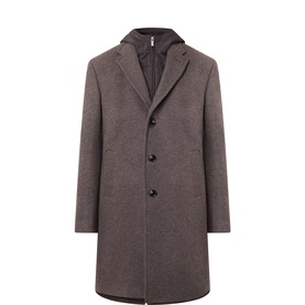Boggi Milano Detachable Hood Wool Coat in brown, single-breasted with notched lapels, button fastenings, and removable hood liner