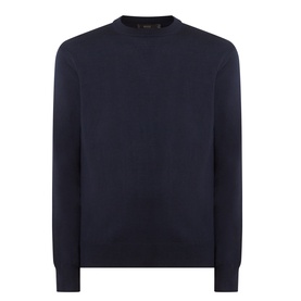 Boggi Milano navy blue wool crew neck jumper with ribbed cuffs, hem and collar, plain knit body