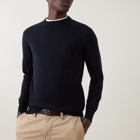 Model wearing Boggi Milano Navy Blue wool crew neck jumper, styled with a white collar top and beige chinos