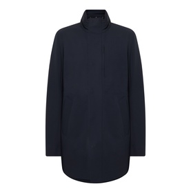 Boggi Milano Longline Car Coat in navy blue with stand collar, concealed zip placket, and clean straight hem. No model.