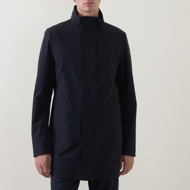 Model wearing Boggi Milano Longline Car Coat in navy blue with stand collar, concealed zip fastening, and snap button placket.